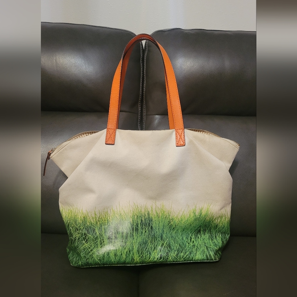 Kate Spade Tan and Green Tote with Orange Handles - Picture 3 of 5